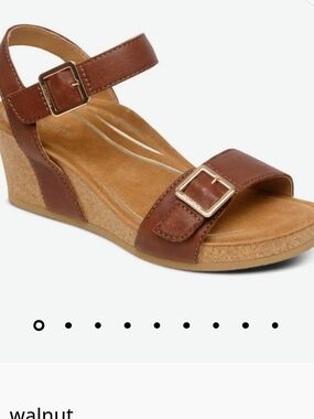 Aetrex Lexa Women’s Walnut Leather Wedge Sandal with Buckle Straps